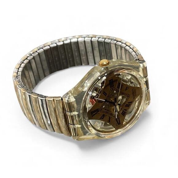 Swatch Watch WHITE ONYX Gk160 1993 Standard Gents Rare Golden Skeleton Dial NOS - Picture 2 of 5